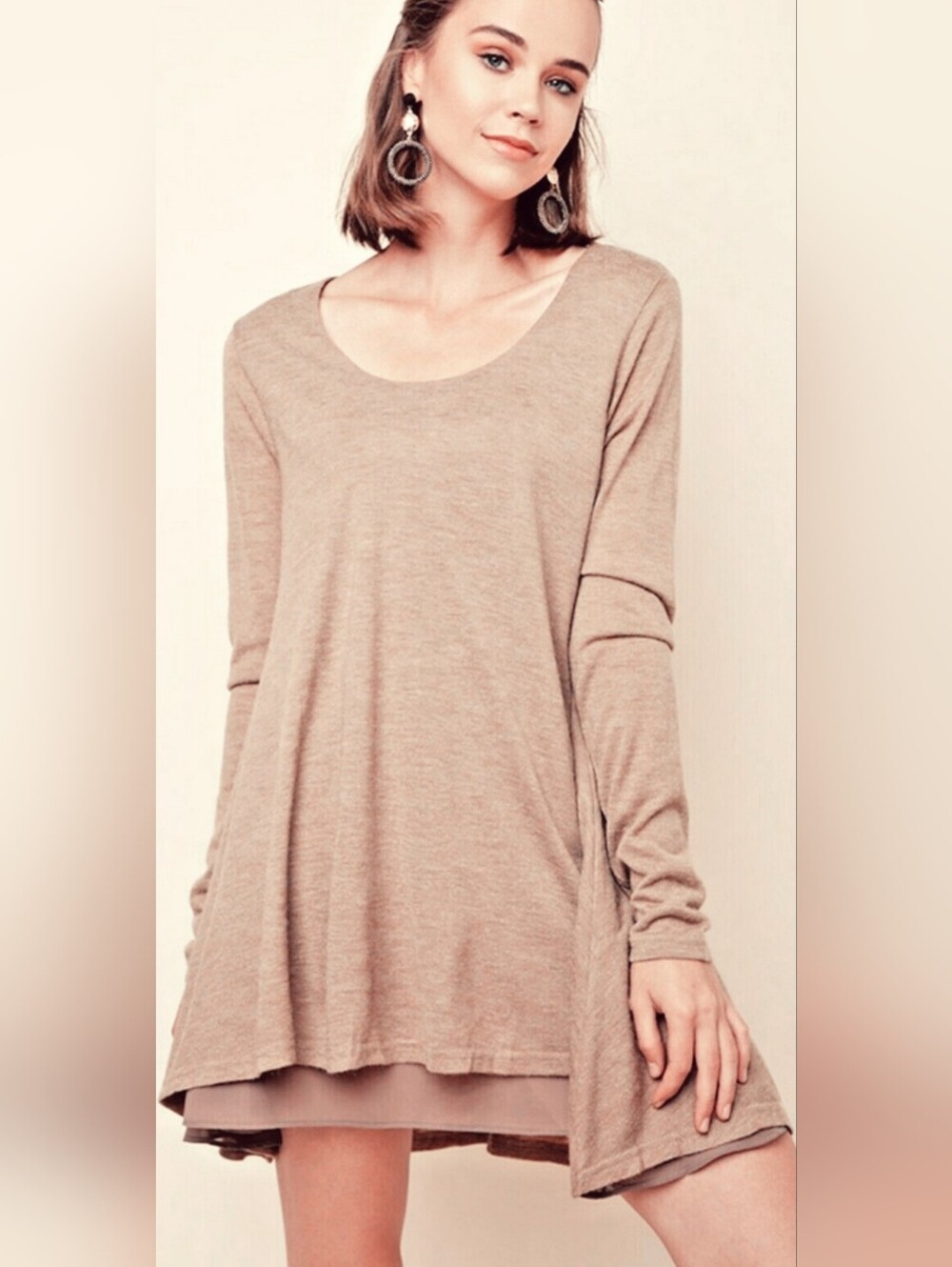 Umgee Dress, Size L, Heather Blush Pink, Scoop Neck, Sheer Underskirt